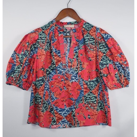 Ulla Johnson Flamingo Tillie Top Cotton Poplin Puff Sleeves Split Neck Multi 2 - Picture 2 of 11
